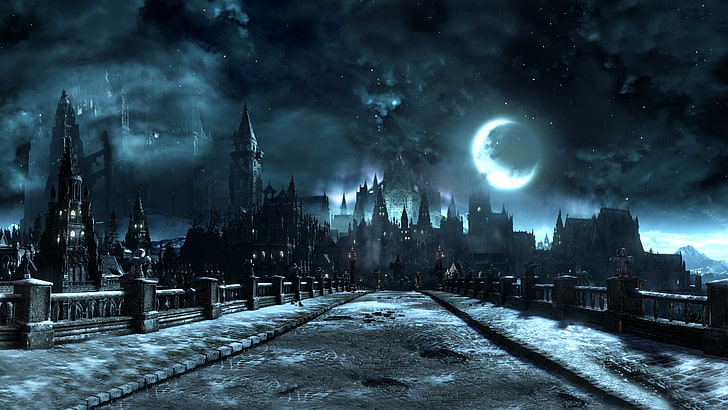 castle wallpaper, Dark Souls III, video games, castle, cathedral, bridge, Moon, screen shot, village, Irithyll, HD wallpaper
