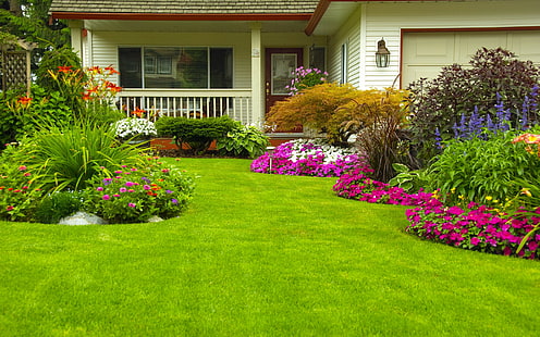 المنزل ، الحديقة ، العشب ، العشب الأخضر ، الزهور ، الحديقة ، العشب ، الشجيرات ، المنزل ، العشب ، الخضر ، البطونية ، الزينية، خلفية HD HD wallpaper