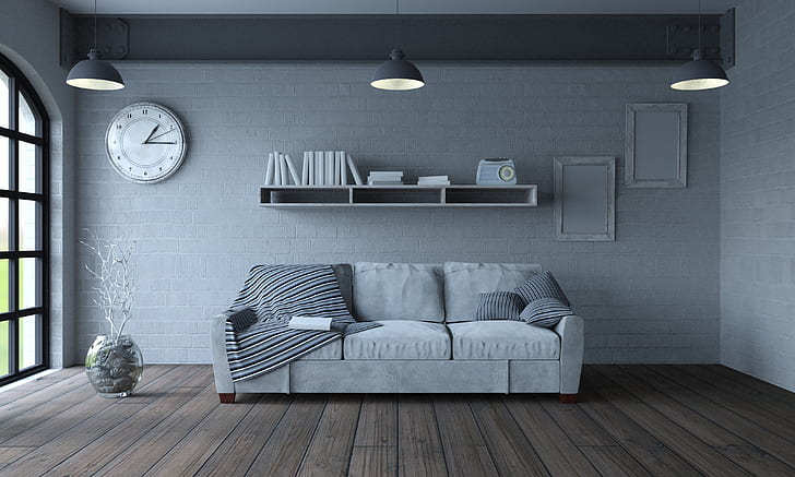 design, interior, travesseiro, sala de estar, sofá, livro, relógio, móveis, HD papel de parede