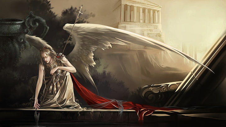anjo agachado pintura, templo, anjo, fantasia arte, Athena, HD papel de parede