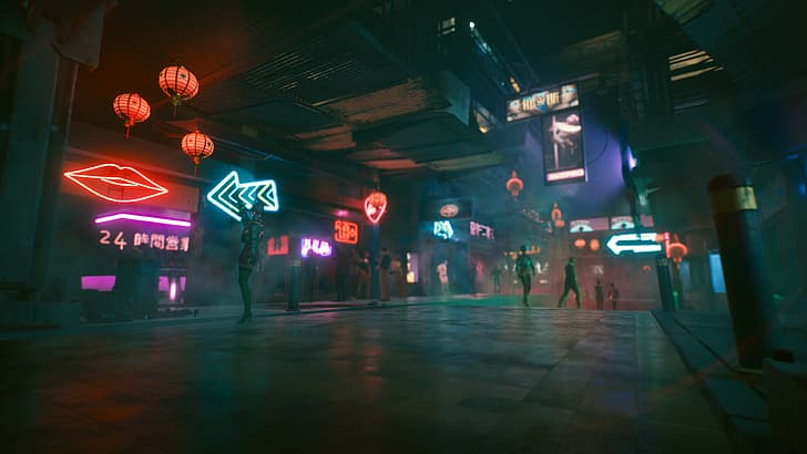 Cyberpunk 2077, видео игри, светлини, неон, лилаво, розово, под земята, татуировка, червено, камера, фотография, бунтовник, микрочип, кибер, научна фантастика, футуристичен, футуристичен град, неонови светлини, оранжево, зелено, фенер, хора, панорама, отражение, устни, неоново сияние, улица, градско, Япония, коса, питие, релаксиращо, пънк, улично изкуство, кръчма, алкохол, бял, бар, графити, HD тапет