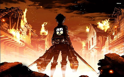 Eren Jeager, атака на титанов, Shingeki no Kyojin, огонь, HD обои HD wallpaper