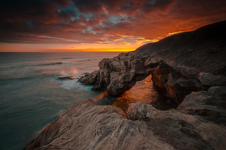 sea, sunrise, rocks, England, Northumberland, HD wallpaper
