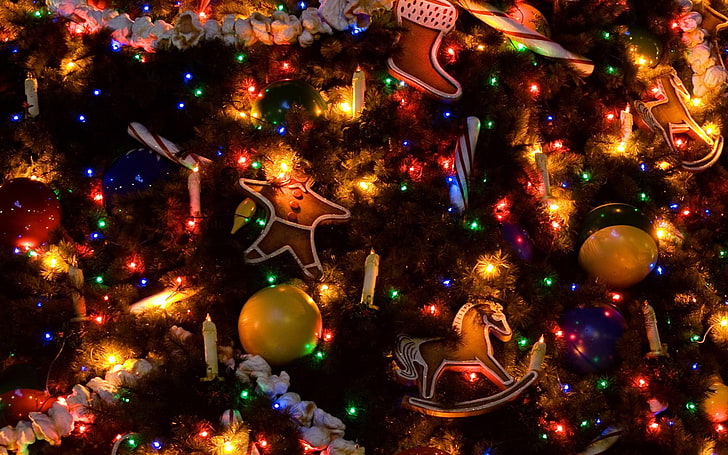 مضاءة شجرة عيد الميلاد ، عطلة ، زينة عيد الميلاد، خلفية HD