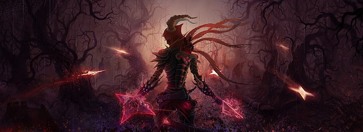 Monster mit Rüstung und Shuriken umgeben verwelkten Baum digitale Tapete, Diablo, Diablo III, Videospiele, Fantasiekunst, digitale Kunst, HD-Hintergrundbild
