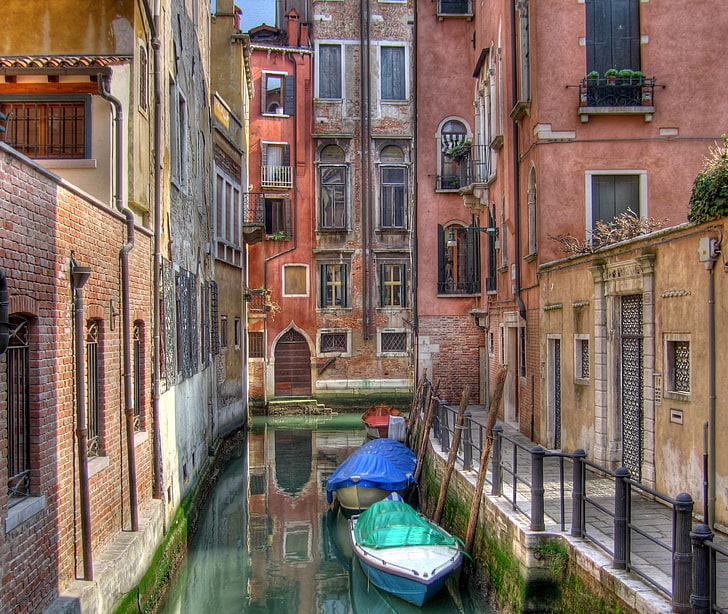 sampan putih dan biru, air, rumah, perahu, Venesia, Wallpaper HD