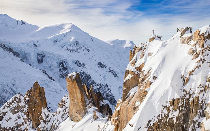 winter, snow, mountains, France, valley, Alps, climbers, Chamonix, HD wallpaper
