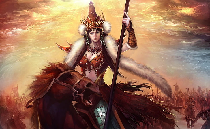 warrior riding on horse wallpaper, girl, leader, fur, horse, army, HD wallpaper