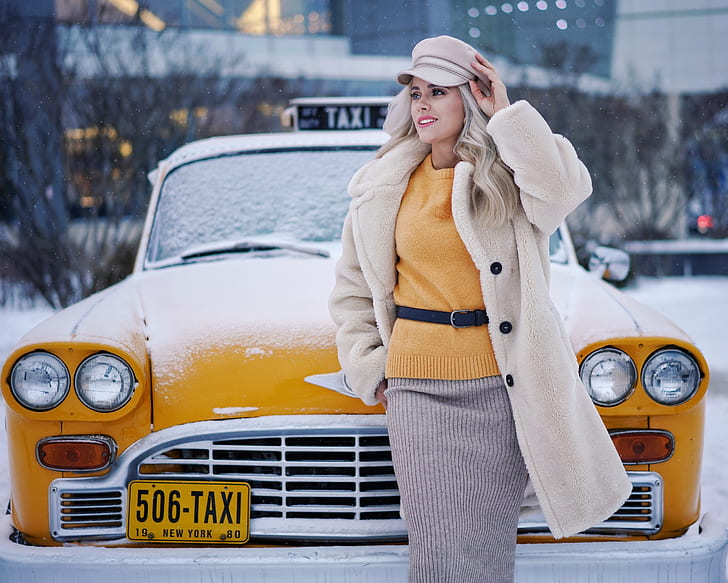taxi, Sergei Churnosov, yellow cars, numbers, women, model, snow, vehicle, women outdoors, urban, blonde, car, coats, white coat, open coat, yellow sweater, looking into the distance, women with cars, hands in pockets, HD wallpaper