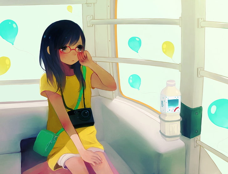 anime girls, long hair, glasses, dark hair, HD wallpaper