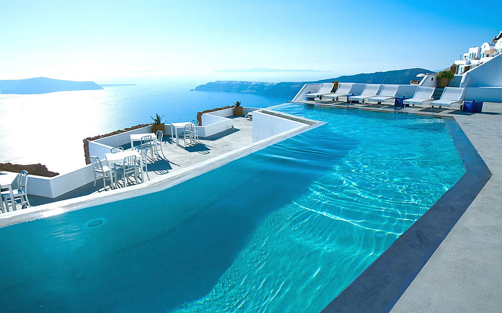 infinity pool, Greece, Santorini, hotel, luxury, water, simple, chair, mountains, landscape, swimming pool, photography, HD wallpaper