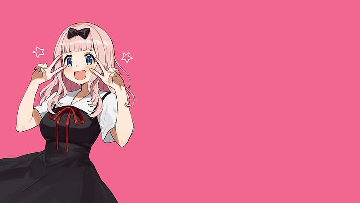 Kaguya-Sama: Love is War, Chika Fujiwara, anime, dziewczyny anime, różowe tło, wstążka do włosów, mundurek szkolny, Tapety HD