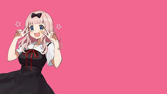 Кагуя-Сама: Любовта е война, Чика Фудживара, аниме, аниме момичета, розов фон, лента за коса, училищна униформа, HD тапет HD wallpaper