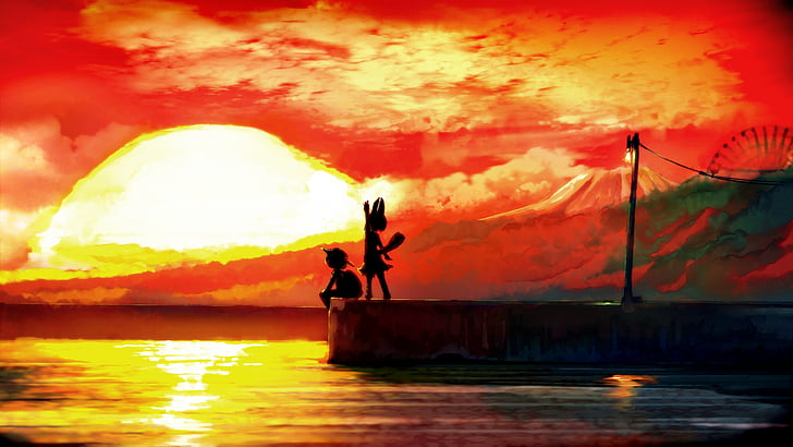 Anime, Kemono Friends, Kaban (Kemono Friends), Serval (Kemono Friends), Silhouette, HD wallpaper