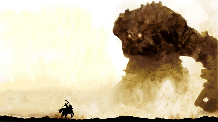monstre et personne à cheval tenant un papier peint à l'arc, Shadow of the Colossus, jeux vidéo, géant, Titan colossal, oeuvre d'art, art fantastique, Fond d'écran HD