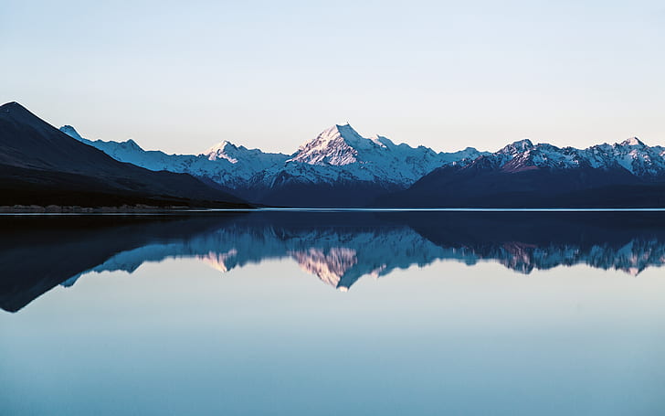 montañas, lago, reflejo, cielo limpio, nieve, paisaje, Fondo de pantalla HD