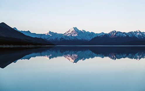 montañas, lago, reflejo, cielo limpio, nieve, paisaje, Fondo de pantalla HD HD wallpaper