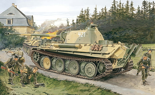 베이지 색 및 녹색 군용 탱크, 그림, 표범, PzKpfw V, 독일어, Sd.차.171, Panzerkampfwagen V, 중형 탱크, 버전 G, Ausf.G, 늦은 수정, HD 배경 화면 HD wallpaper
