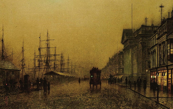 ship, home, picture, promenade, the urban landscape, John Atkinson Grimshaw, Salthouse Docks. Liverpool, HD wallpaper