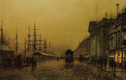 Schiff, Haus, Bild, Promenade, die Stadtlandschaft, John Atkinson Grimshaw, Salthouse Docks.Liverpool, HD-Hintergrundbild HD wallpaper