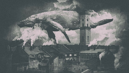 cidade, voando, lviv, fumaça, steampunk, baleia, HD papel de parede HD wallpaper