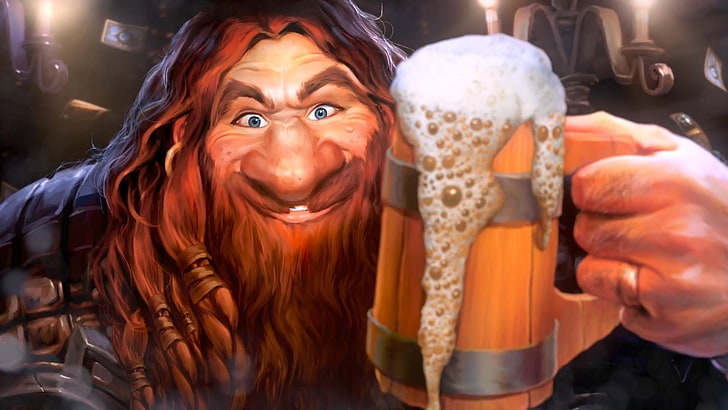 Warcraft, Hearthstone: Heroes of Warcraft, Beer, Blue Eyes, Dwarf, Face, Red Hair, Smile, HD wallpaper