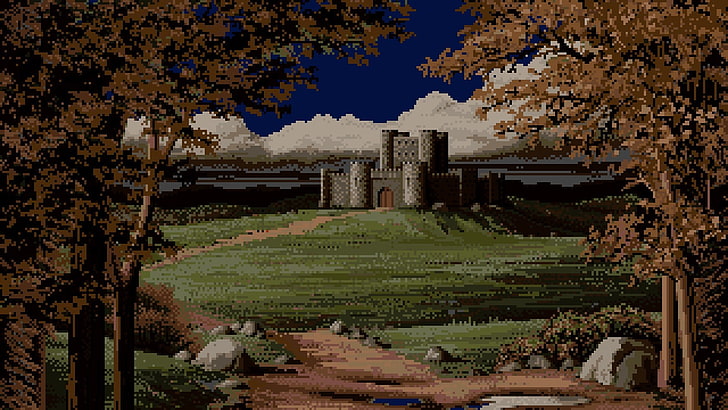 château de béton gris, paysage, château, nuages, collines, arbres, pixels, pixel art, Fond d'écran HD