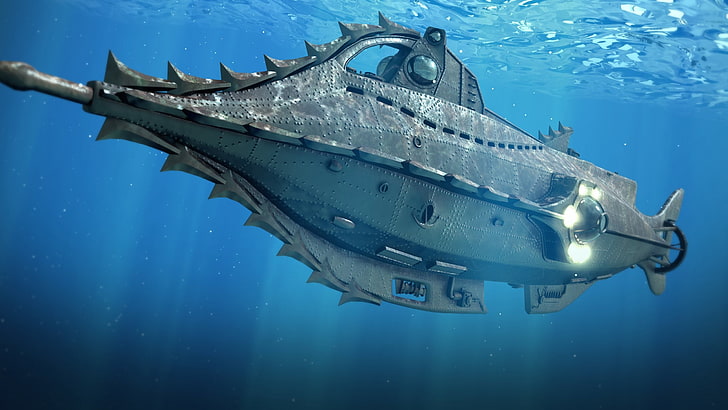 gray submarine, digital art, fantasy art, underwater, submarine, sea, sun rays, blue, Jules Verne, 20000 Leagues Under the Sea, HD wallpaper
