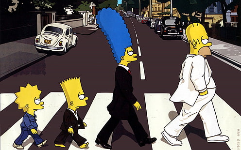 The Simpsons, The Walk to Abbey Road illustration, The Simpsons, Homer Simpson, Marge Simpson, Bart Simpson, Lisa Simpson, The Beatles, pochette d'album, Fond d'écran HD HD wallpaper