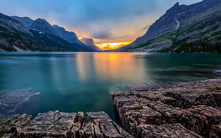 body of water, nature, landscape, lake, sunset, Saint Mary Lake, Montana, mountains, USA, reflection, calm, rock, rock formation, HD wallpaper