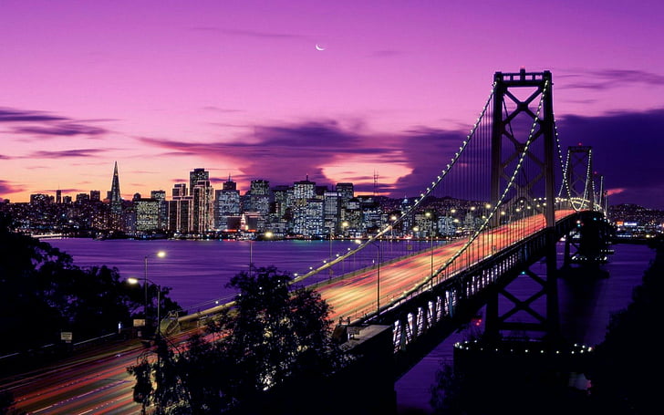 Мосты, Bay Bridge, Мост, Здание, Калифорния, Город, Свет, Ночь, Фиолетовый, Сан-Франциско, Закат, HD обои