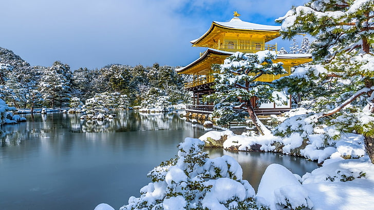 снег, зима, кинкаку-дзи, природа, вода, дерево, туристическая достопримечательность, замораживание, кинкакудзи, Япония, Киото, Азия, храм дзен, пагода, дзен, храм, HD обои