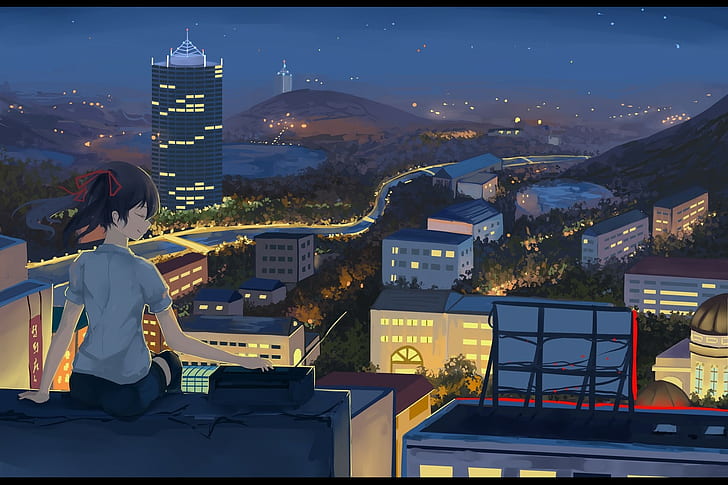 Gece, bina, çatıları, anime kızlar, şehir, ışıklar, gece, bina, çatıları, anime kızlar, şehir, ışıklar, HD masaüstü duvar kağıdı