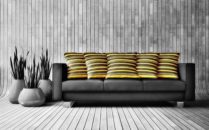 gray fabric couch and five yellow throw pillows, sofa, furniture, walls, comfort, HD wallpaper