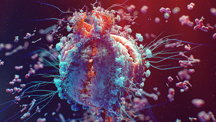 fond d'écran numérique orange et bleu, macrophotographie d'ADN, art numérique, coloré, macro, VIH, maladie, cellules, Fond d'écran HD