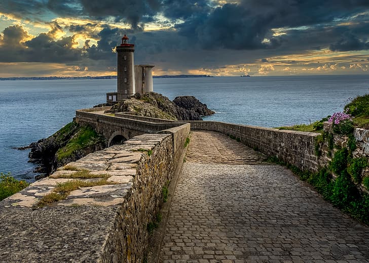 road, sea, landscape, clouds, bridge, rock, stones, shore, France, lighthouse, Brittany, Phare du Petit Minou, HD wallpaper