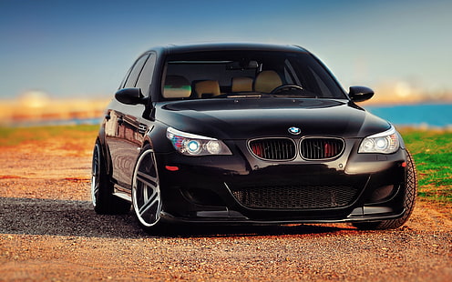 BMW M5 E60 черный автомобиль вид спереди, BMW, Черный, Автомобиль, Фронт, Вид, HD обои HD wallpaper