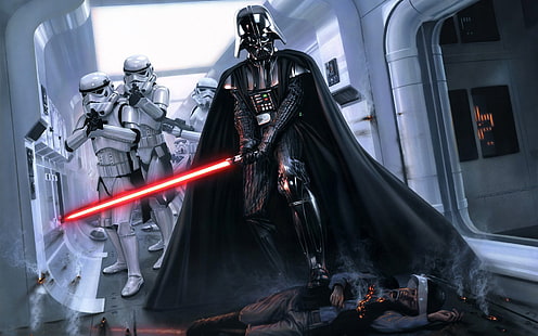 Wallpaper digital Darth Vader Star Wars, Darth Vader, Star Wars, lightsaber, stormtrooper, Wallpaper HD HD wallpaper