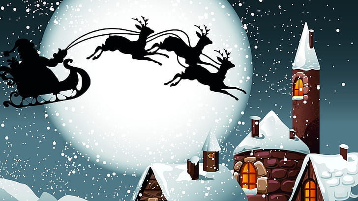 moon, reindeer, reindeer sleigh, christmas night, christmas, xmas, santa sledge, night, snowing, snowfall, roofs, roof, santa claus, full moon, silhouette, winter, snow, graphics, snowy, santa sleigh, sledge, sleigh, illustration, HD wallpaper