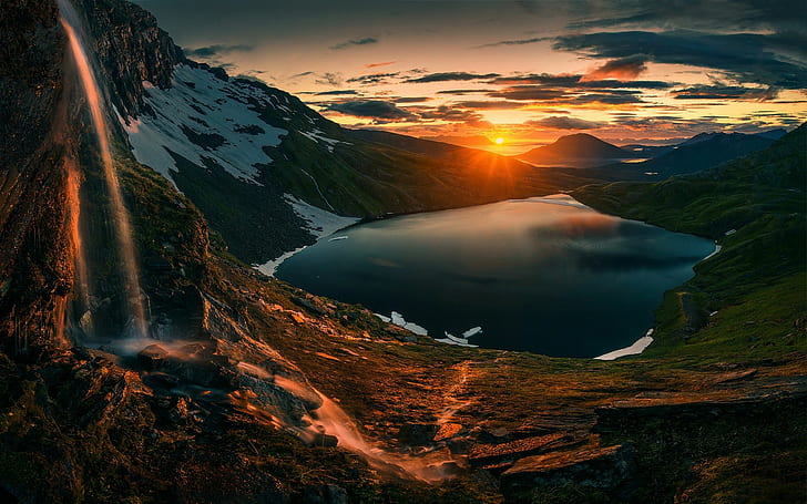 mountains, waterfall, snow, landscape, lake, Greenland, nature, grass, sunlight, sky, sunset, Max Rive, water, clouds, HD wallpaper