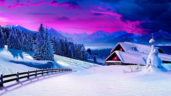 snowy, winter, blue, snow, nature, sky, freezing, house, mountain range, forest, cloud, mountain, pine, HD wallpaper HD wallpaper
