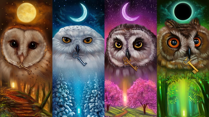pory roku, księżyc, sowa, jesień, zima, wiosna, lato, fazy księżyca, klucz, ptak, sztuka, ilustracja, Tapety HD
