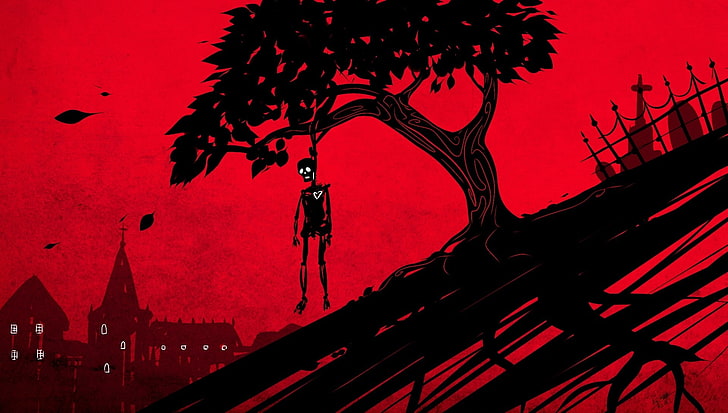 ilustracja szkielet drzewa i człowieka, liście, drzewo, serce, dom, płot, sztuka, szkielet, czerwone tło, myślę, Tapety HD