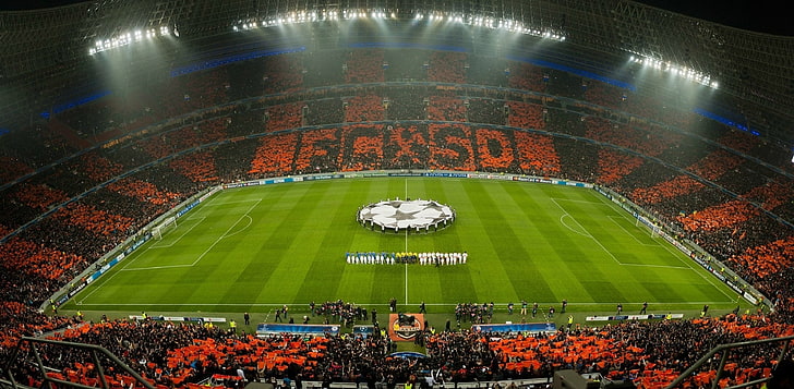 soccer field, Field, Orange, Football, Match, Miner, Chelsea, Champions League, Donbass Arena, Fans, HD wallpaper