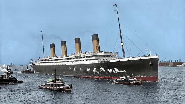 nature, landscape, ship, boat, sea, chimneys, smoke, history, RMS Olympic, steamship, UK, colorized photos, dock, crowds, HD wallpaper