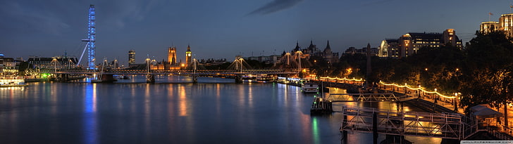 jembatan, lanskap kota, kota, kaki langit, London, London Eye, Big Ben, Sungai Thames, Wallpaper HD