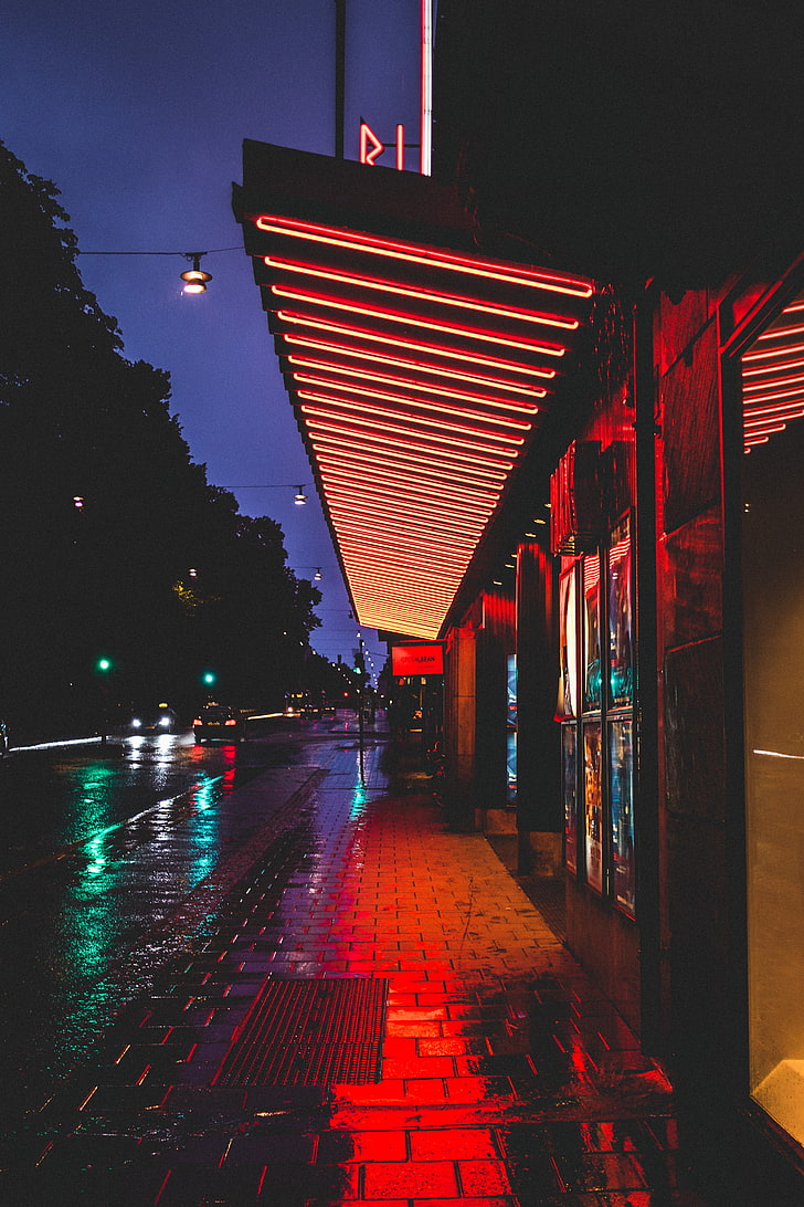червена неонова светлина, улица, нощ, градски светлини, сгради, плочки, път, Стокхолм, Швеция, HD тапет, тапет за телефон