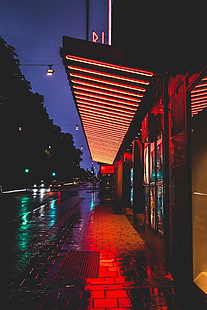 red neon light, street, night, city lights, buildings, tile, road, stockholm, sweden, HD wallpaper HD wallpaper