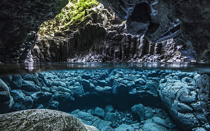 caves, clear, crystal, jungle, pool, underwater, water, HD wallpaper