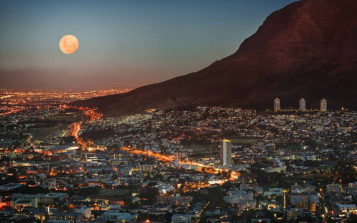Mond, Berge, Stadt, Kapstadt, 3 Disa-Türme, HD-Hintergrundbild